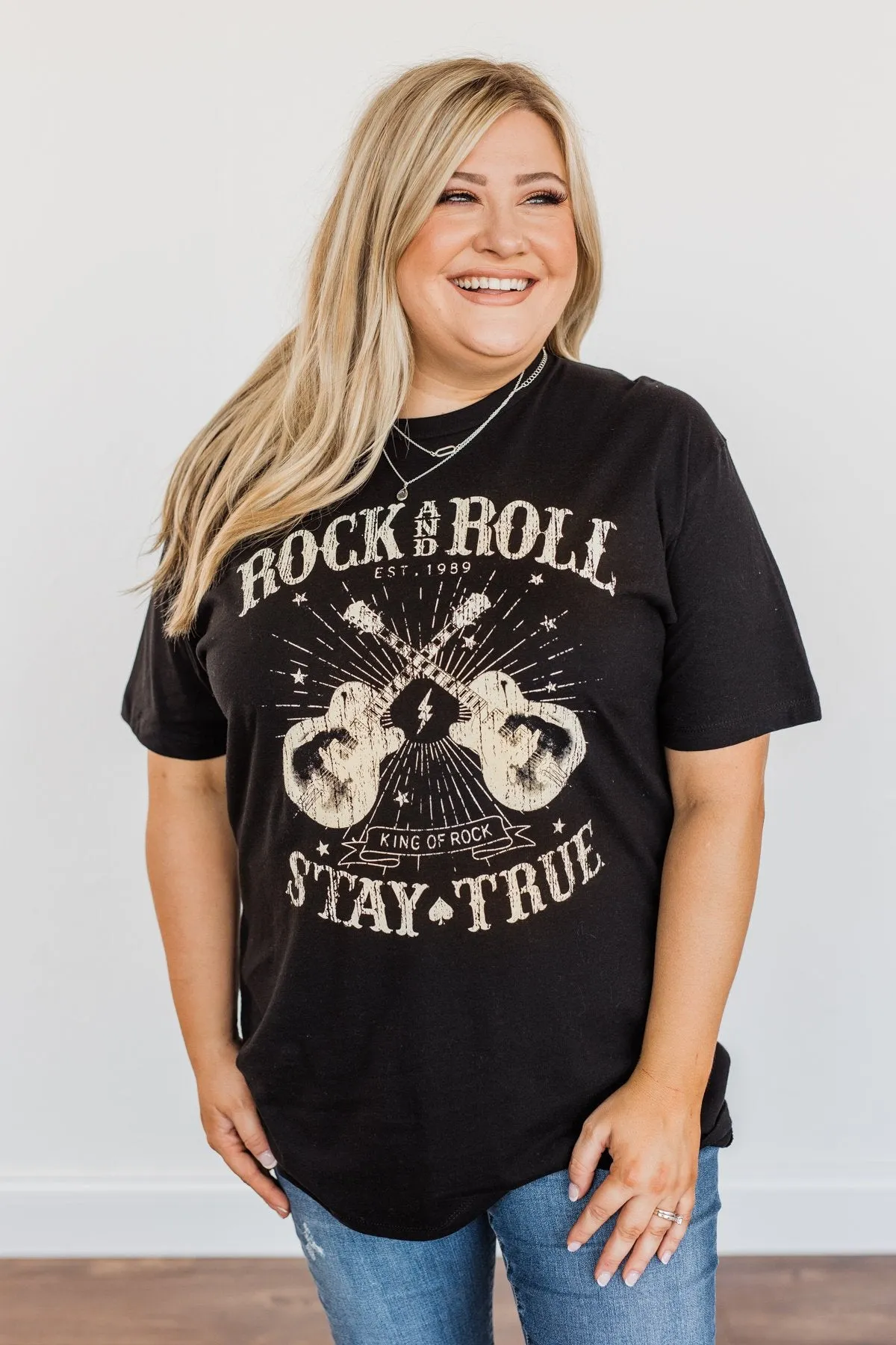 "Rock And Roll, Stay True" Graphic Top- Black