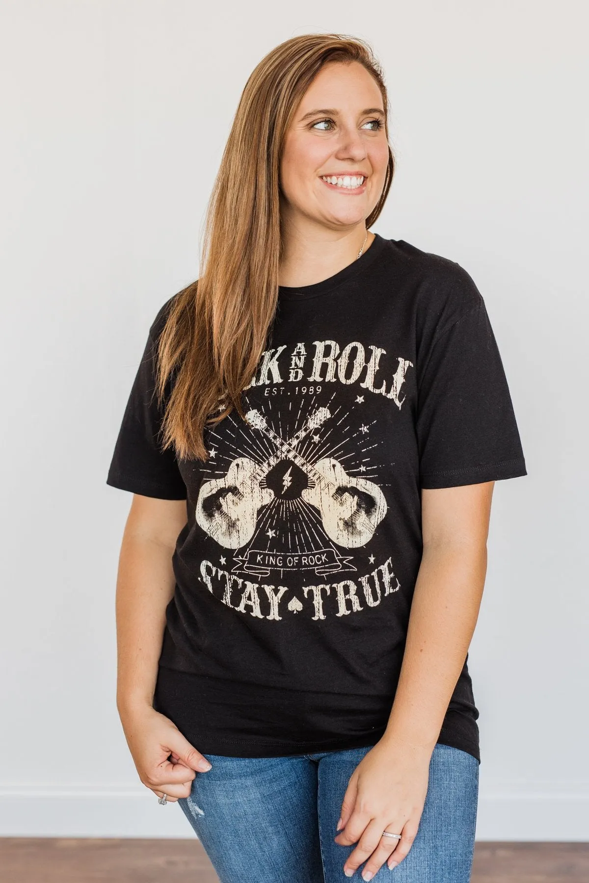 "Rock And Roll, Stay True" Graphic Top- Black