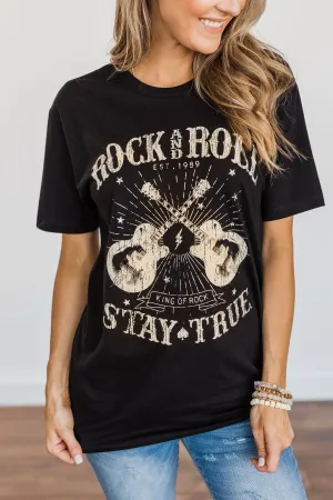 "Rock And Roll, Stay True" Graphic Top- Black