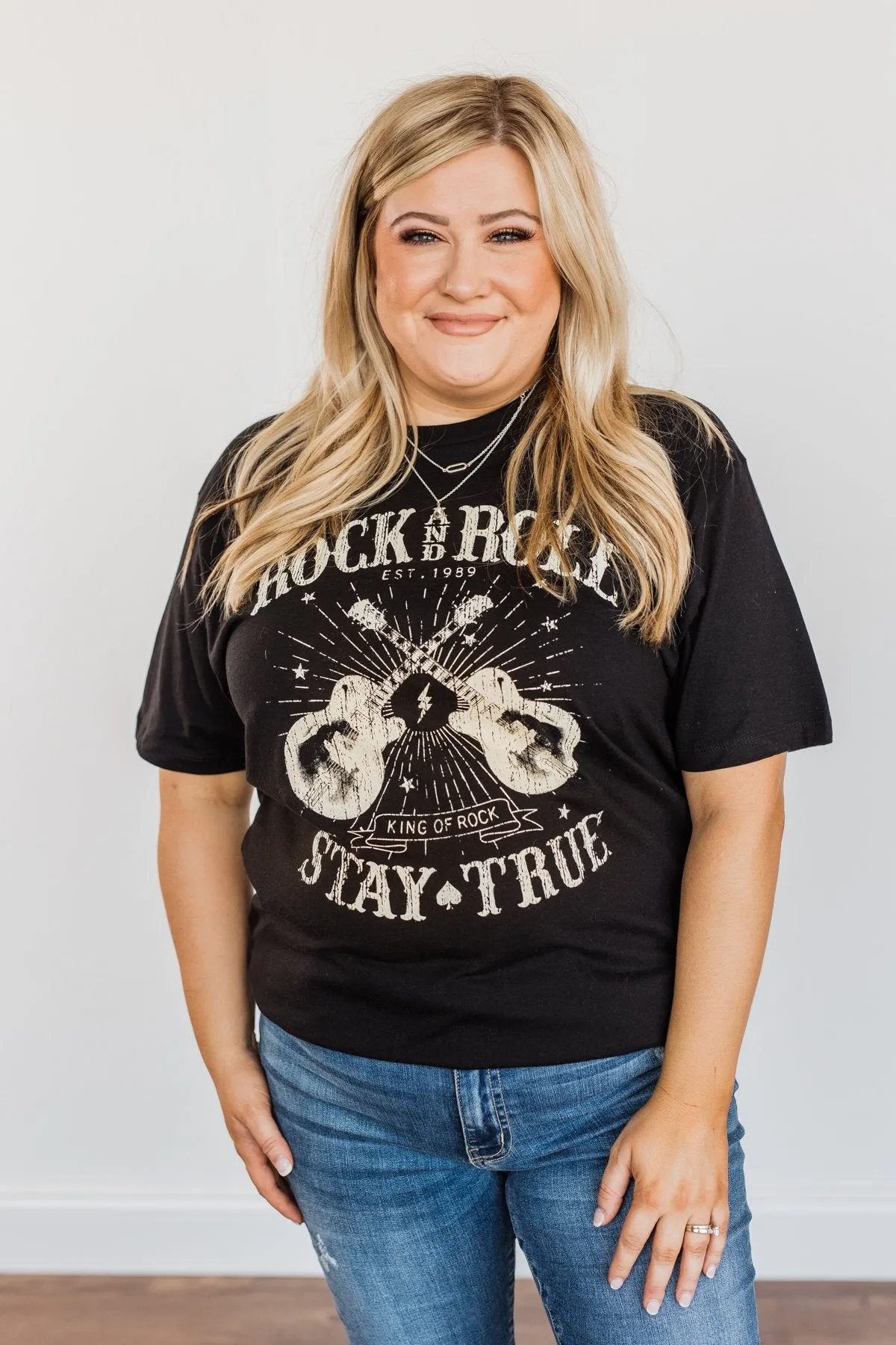 "Rock And Roll, Stay True" Graphic Top- Black