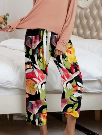 Round Neck Top and Printed Pants Lounge Set (9 Colors)