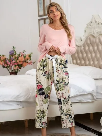 Round Neck Top and Printed Pants Lounge Set (9 Colors)