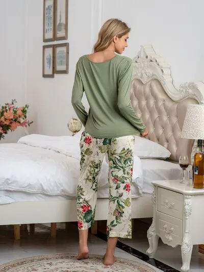 Round Neck Top and Printed Pants Lounge Set (9 Colors)