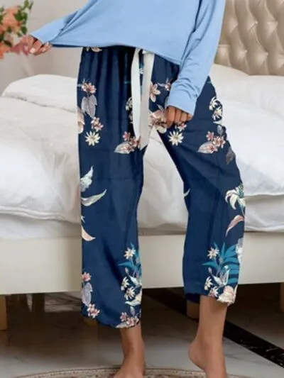 Round Neck Top and Printed Pants Lounge Set (9 Colors)