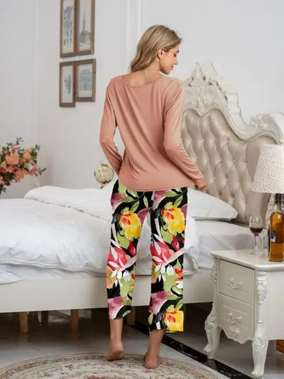 Round Neck Top and Printed Pants Lounge Set (9 Colors)