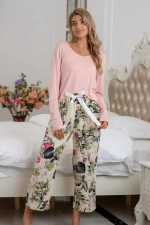 Round Neck Top and Printed Pants Lounge Set (9 Colors)