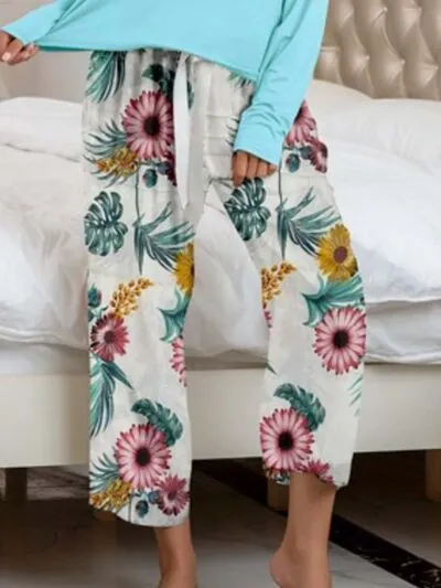 Round Neck Top and Printed Pants Lounge Set (9 Colors)
