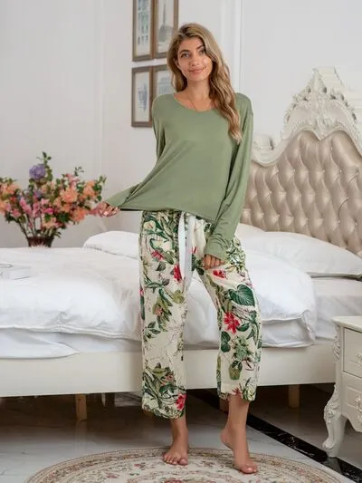 Round Neck Top and Printed Pants Lounge Set (9 Colors)