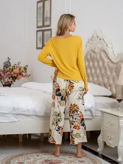 Round Neck Top and Printed Pants Lounge Set (9 Colors)