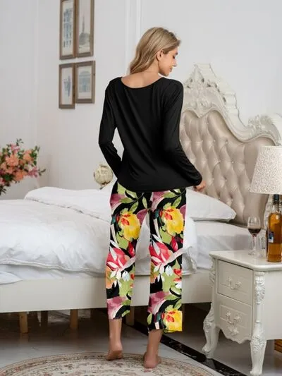 Round Neck Top and Printed Pants Lounge Set (9 Colors)