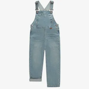 Salopette longue coupe décontractée en denim extensible bleu pâle, enfant || Relaxed fit long overall in light blue stretch denim, child