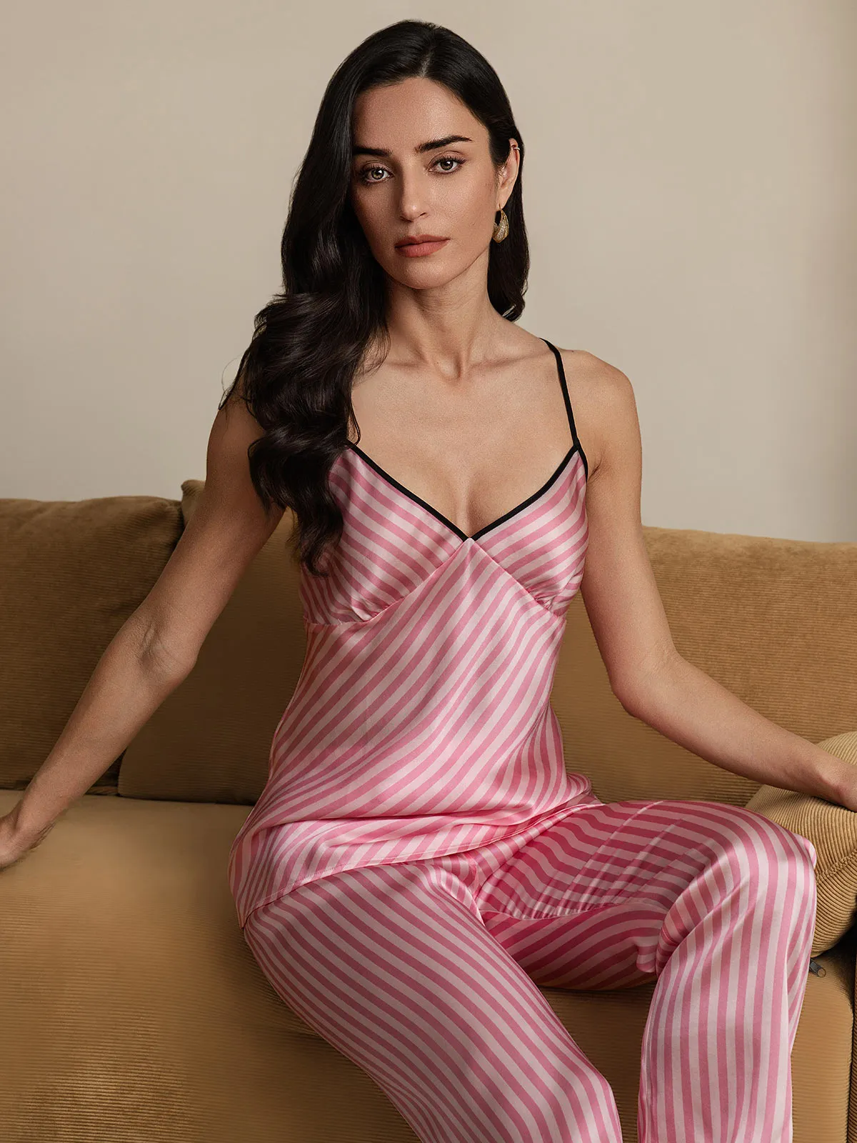 Set pyjama met gestreepte cami-top en broek van puur zijde