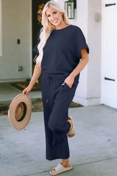 Textured Short Sleeve Top and Pants Set