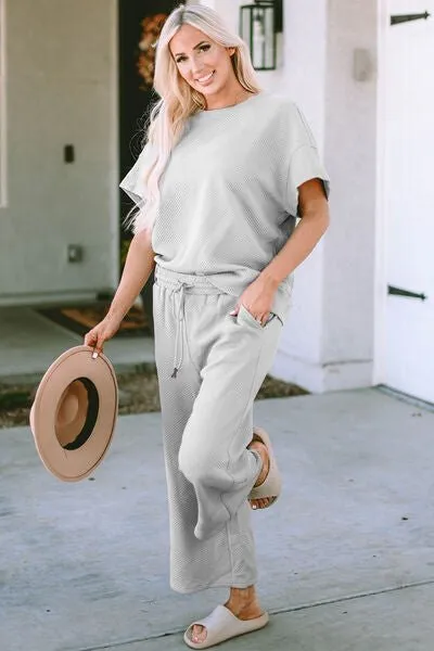 Textured Short Sleeve Top and Pants Set