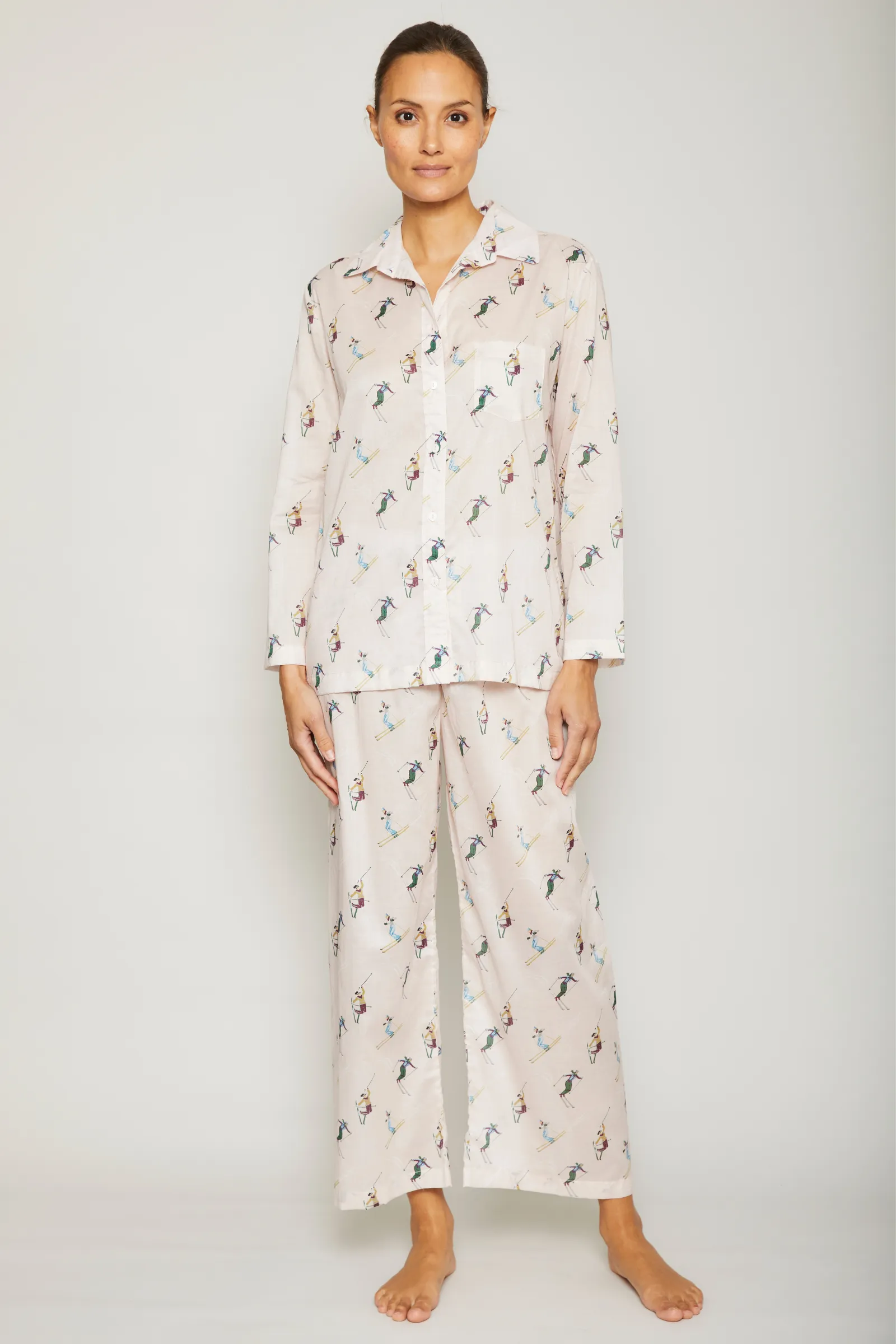 Vintage Skiers Long Sleeve Pajama Set - Pink