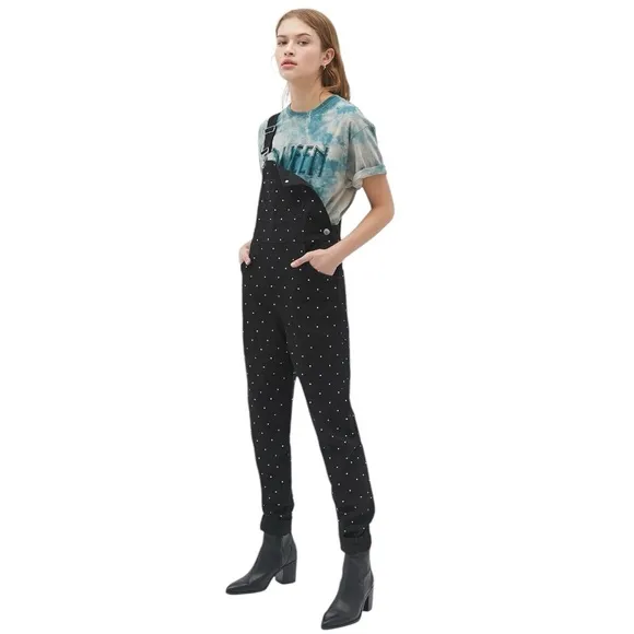 WE WORE WHAT BASIC BLACK DENIM RHINESTONE EMBELLISHED OVERALLS