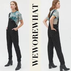 WE WORE WHAT BASIC BLACK DENIM RHINESTONE EMBELLISHED OVERALLS