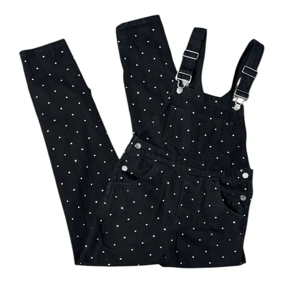 WE WORE WHAT BASIC BLACK DENIM RHINESTONE EMBELLISHED OVERALLS