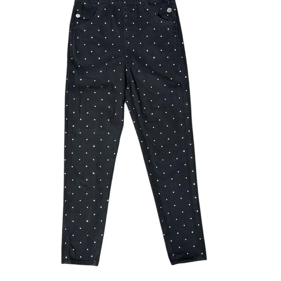 WE WORE WHAT BASIC BLACK DENIM RHINESTONE EMBELLISHED OVERALLS