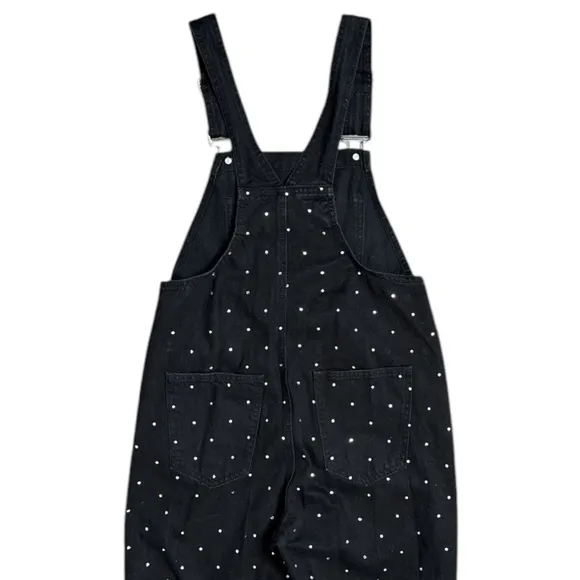 WE WORE WHAT BASIC BLACK DENIM RHINESTONE EMBELLISHED OVERALLS