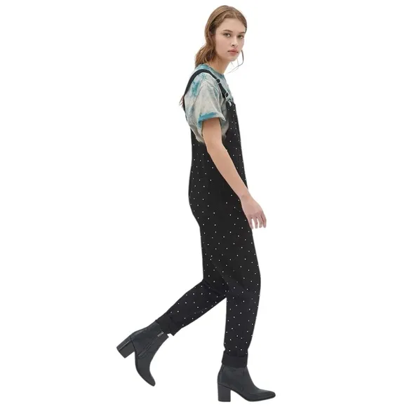 WE WORE WHAT BASIC BLACK DENIM RHINESTONE EMBELLISHED OVERALLS