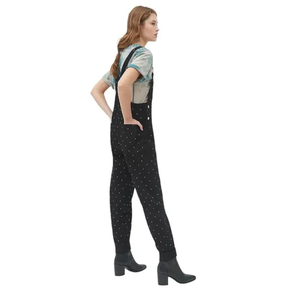 WE WORE WHAT BASIC BLACK DENIM RHINESTONE EMBELLISHED OVERALLS
