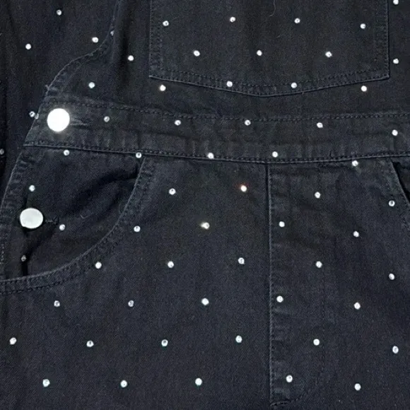 WE WORE WHAT BASIC BLACK DENIM RHINESTONE EMBELLISHED OVERALLS