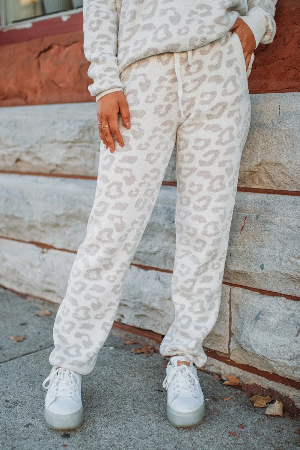 White Printed Leopard Pullover and Drawstring Pants Lounge Set