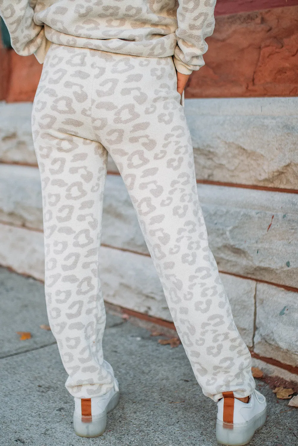 White Printed Leopard Pullover and Drawstring Pants Lounge Set