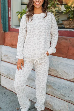 White Printed Leopard Pullover and Drawstring Pants Lounge Set