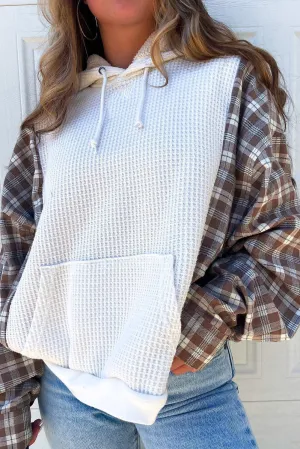 White Waffle Patch Plaid Sleeve Kangaroo Pocket Hoodie