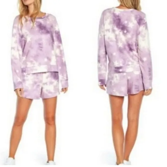 WILDFOX SLEEP Long Sleeve Top &amp; Shorts Pajamas, Tie Dye Stars, Large, NWT