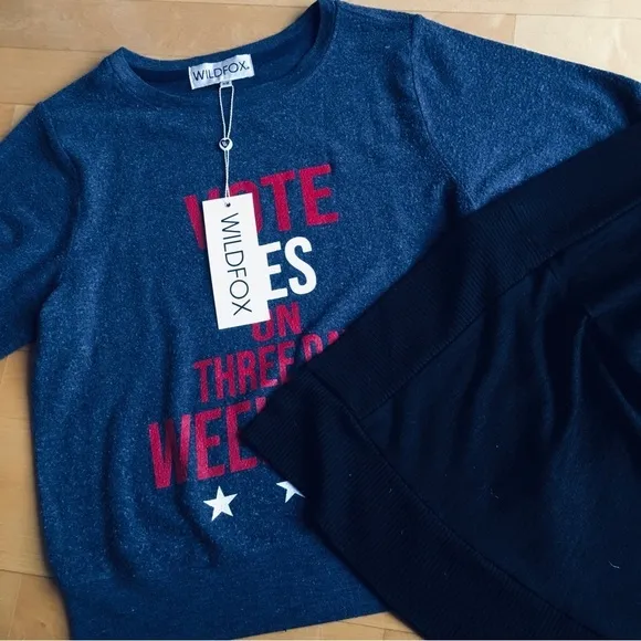 Wildfox “VOTE YES ON THREE DAY WEEKENDS” Lounge Top, Navy Blue, Red, Size XS