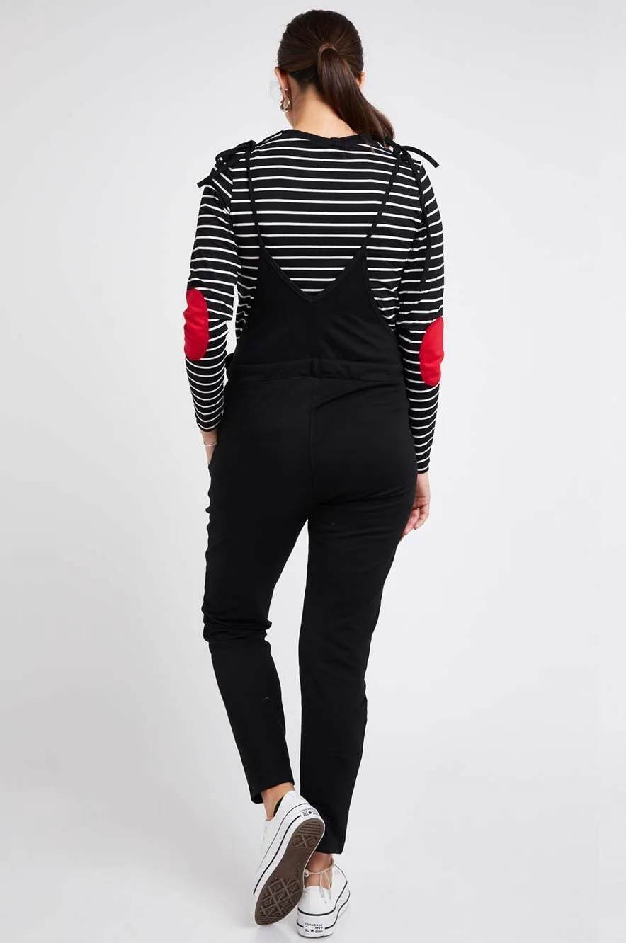 Women's Cotton Black maternity & post natal long Overalls with adjustable straps and under the bump tie