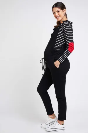 Women's Cotton Black maternity & post natal long Overalls with adjustable straps and under the bump tie