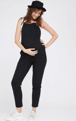 Women's Cotton Black maternity & post natal long Overalls with adjustable straps and under the bump tie