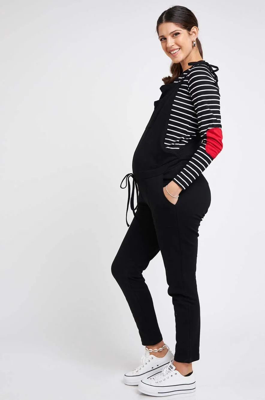 Women's Cotton Black maternity & post natal long Overalls with adjustable straps and under the bump tie