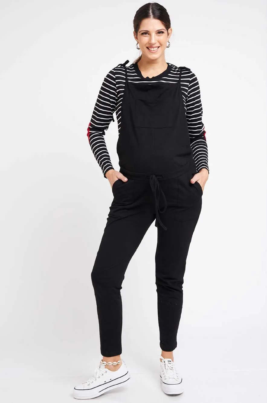 Women's Cotton Black maternity & post natal long Overalls with adjustable straps and under the bump tie