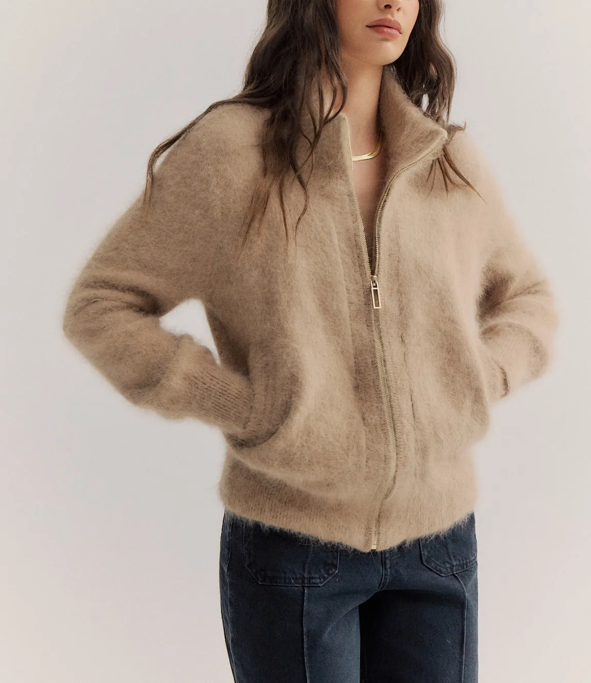 World of Nomads II FELIX Zip Up Cashmere Cardi - latte