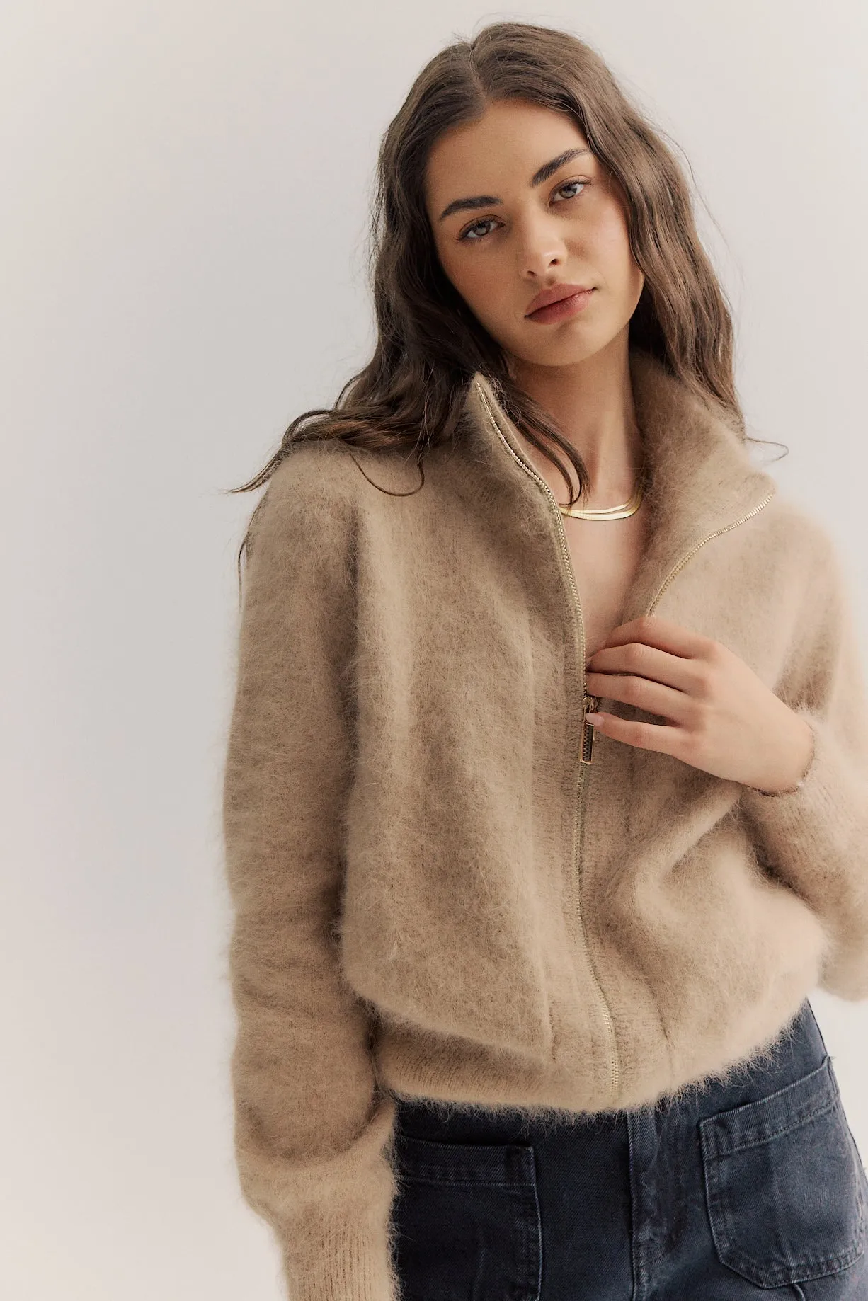 World of Nomads II FELIX Zip Up Cashmere Cardi - latte