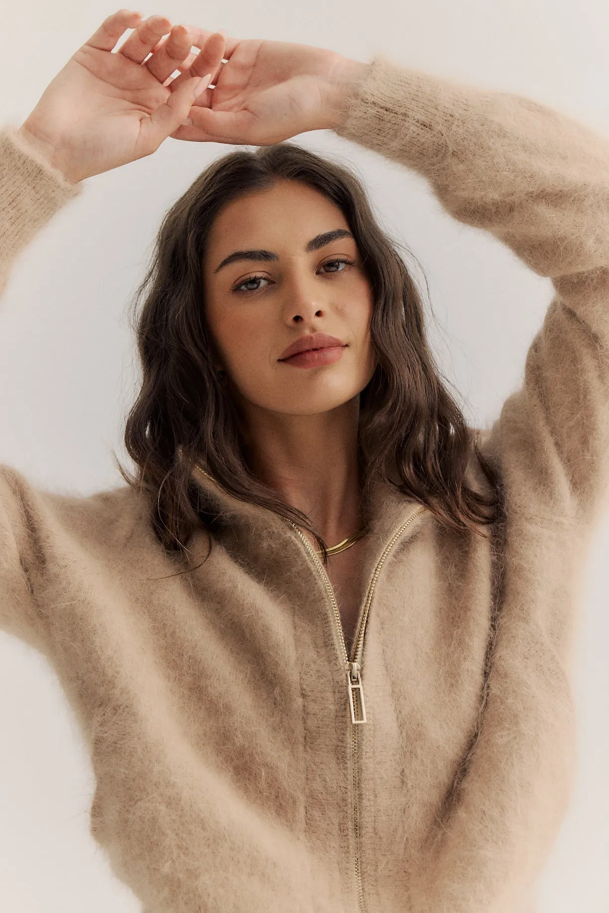 World of Nomads II FELIX Zip Up Cashmere Cardi - latte