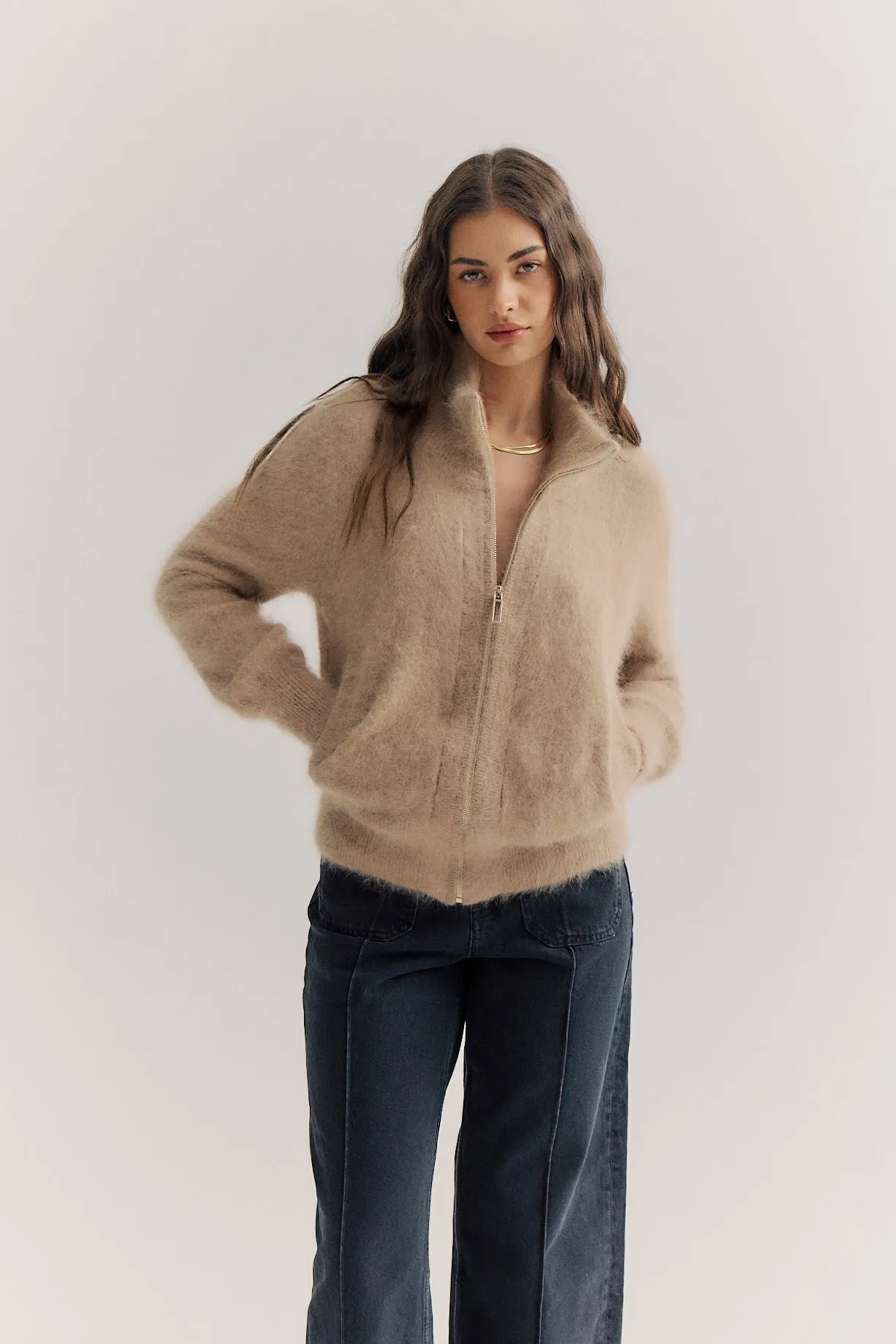 World of Nomads II FELIX Zip Up Cashmere Cardi - latte