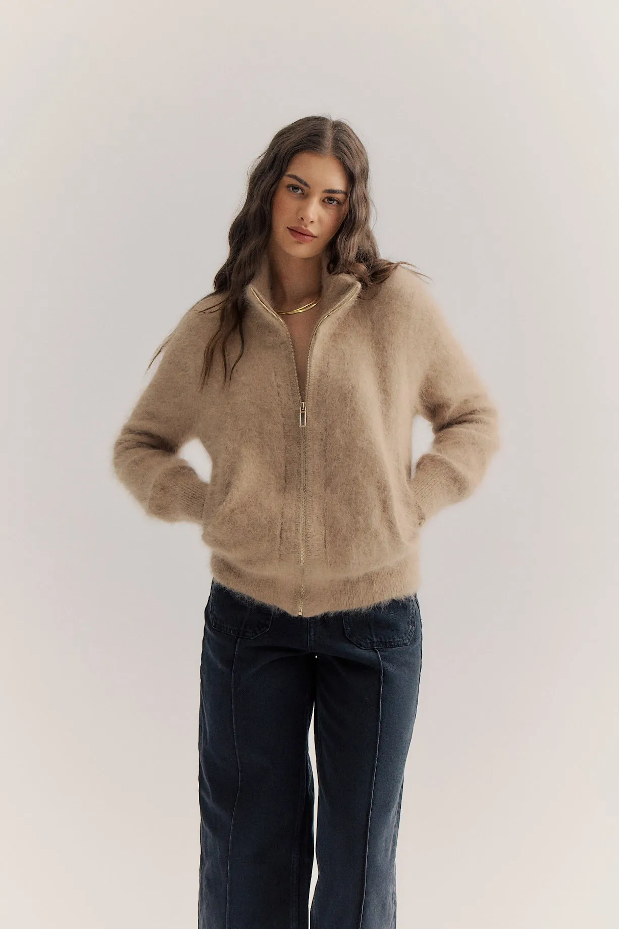 World of Nomads II FELIX Zip Up Cashmere Cardi - latte